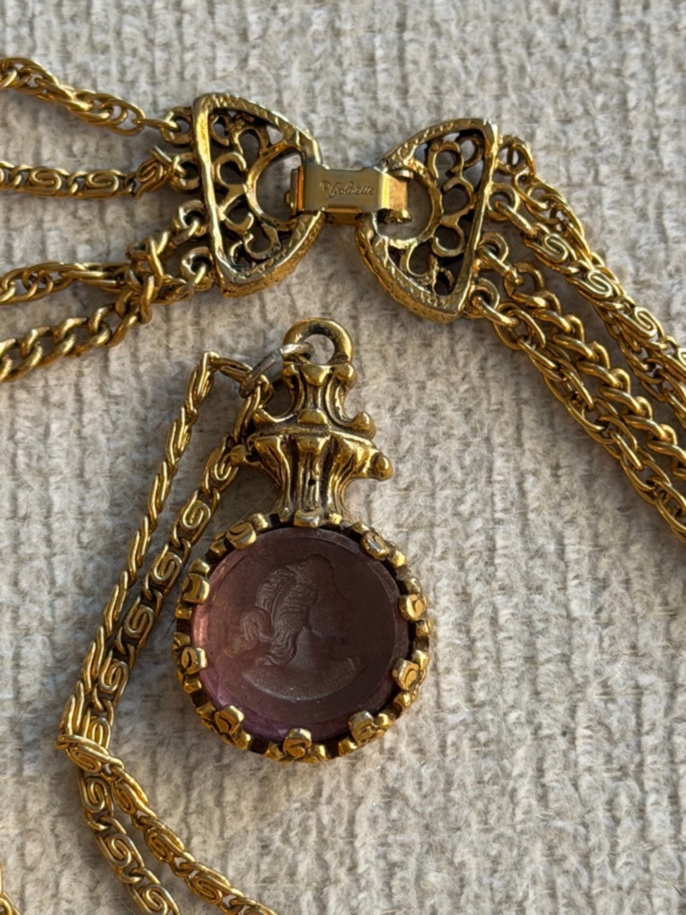 Gold-Tone Layered Necklace with Purple Glass Locket Pendant